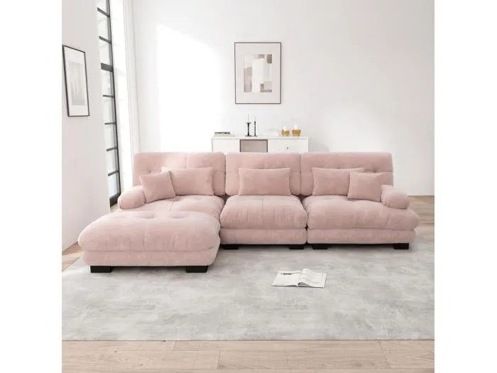 Ecksofa 3-Sitzer aus Chenille-Stoff, mit 5 Kissen, abnehmbarer Hocker, DIY-Kombination, 313x145x81cm, Rosa