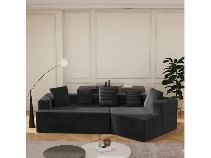 Modulares rechteckiges Ecksofa 307cm - aus Großer Rippensamt - 3-Sitzer - mit 5 Kissen - Schwarz