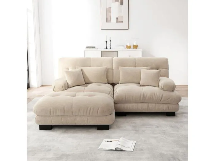 Ecksofa 2-Sitzer aus Chenille-Stoff, mit 4 Kissen, abnehmbarer Hocker, DIY-Kombination, 220x145x81cm, Beige