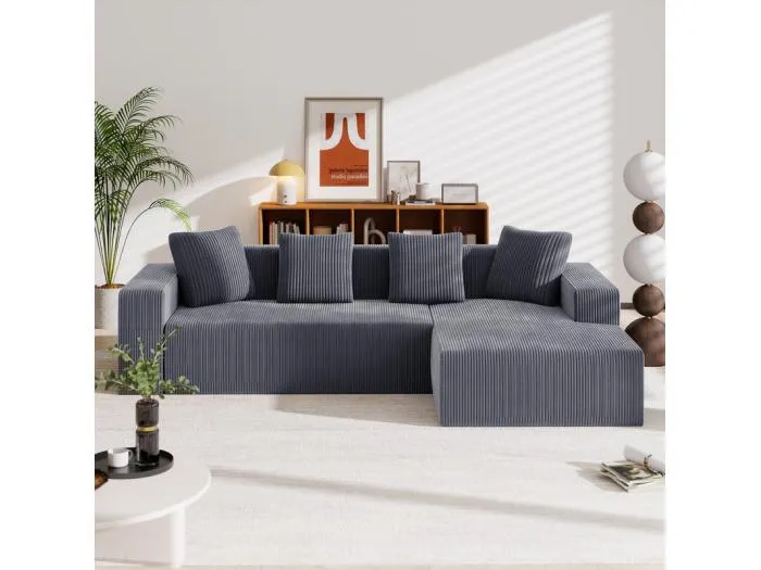 Große modulare rechteckige Ecksofa, aus Rippensamt, mit 4 Kissen, keine Montage erforderlich, 261x146x65cm, Grau