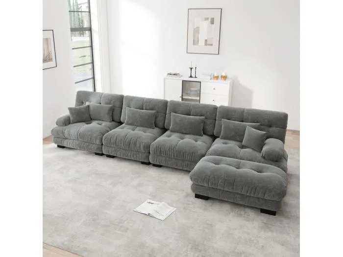 Ecksofa 4-Sitzer aus Chenille-Stoff, mit 6 Kissen, abnehmbarer Hocker, DIY-Kombination, 406x145x81cm, Beige