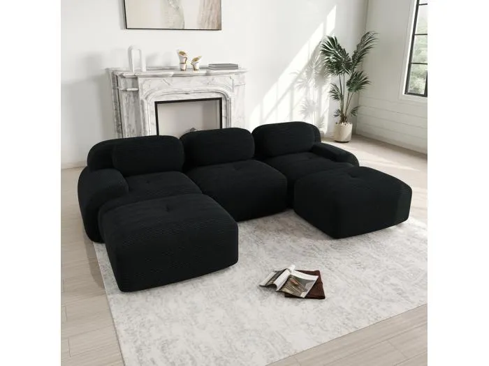 Modulares Ecksofa 3-Sitzer - aus Rippensamt - mit 3 Kissen und 2 Hocker - 298x178x75cm - Schwarz