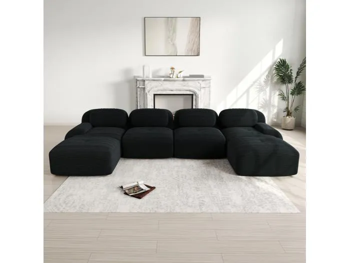 Große modulare Ecksofa 388cm - aus Rippensamt - mit 4 Kissen und 2 Hocker - ergonomisch - Schwarz
