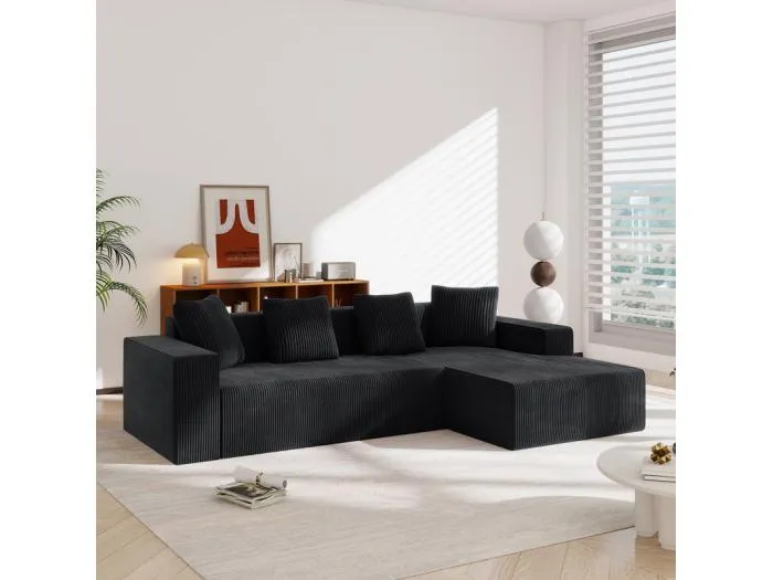 Große modulare rechteckige Ecksofa, aus Rippensamt, mit 4 Kissen, keine Montage erforderlich, 261x146x65cm, Schwarz