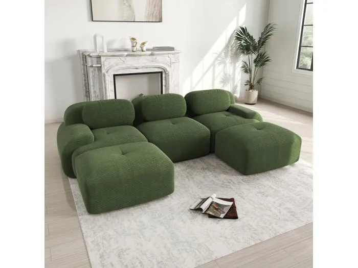 Modulares Ecksofa 3-Sitzer - aus Rippensamt - mit 3 Kissen und 2 Hocker - 298x178x75cm - Grün