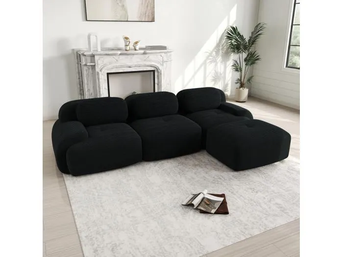 Modulares Ecksofa 3-Sitzer - aus Rippensamt - mit 3 Kissen und Hocker - 298x178x75cm - Schwarz