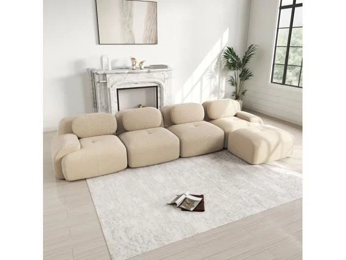 Modulares Ecksofa 4-Sitzer - aus Rippensamt - mit 4 Kissen und Hocker - 388x178x75cm - Beige