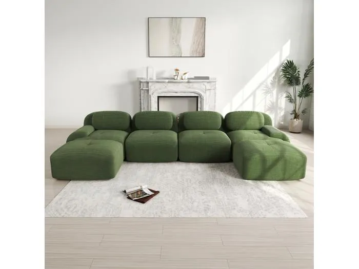 Große modulare Ecksofa 388cm - aus Rippensamt - mit 4 Kissen und 2 Hocker - ergonomisch - Grün
