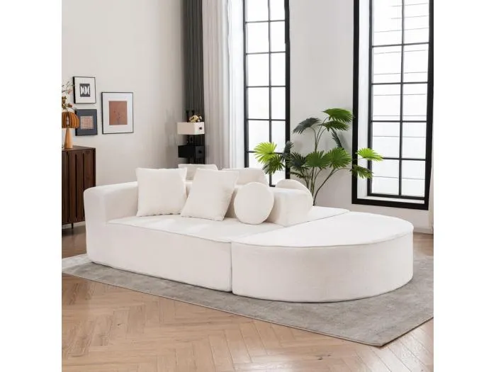 Modulares Panorama-Sofa 5-Sitzer - aus Chenille-Stoff weiß - mit 6 Kissen - 263x171x66cm