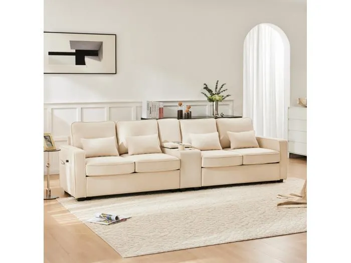 Modernes Sofa 4-Sitzer aus Leinenstoff - mit USB und Getränkehalter - 4 Kissen - 290x83x88cm - Beige