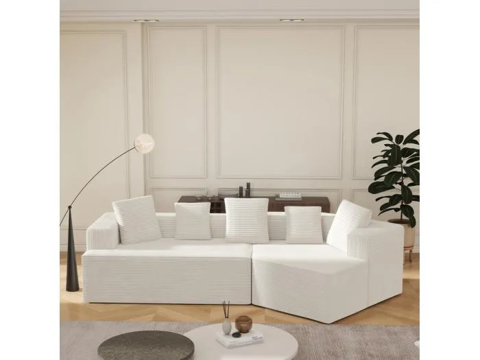 Modulares rechteckiges Ecksofa 307cm - aus Großer Rippensamt - 3-Sitzer - mit 5 Kissen - Weiß