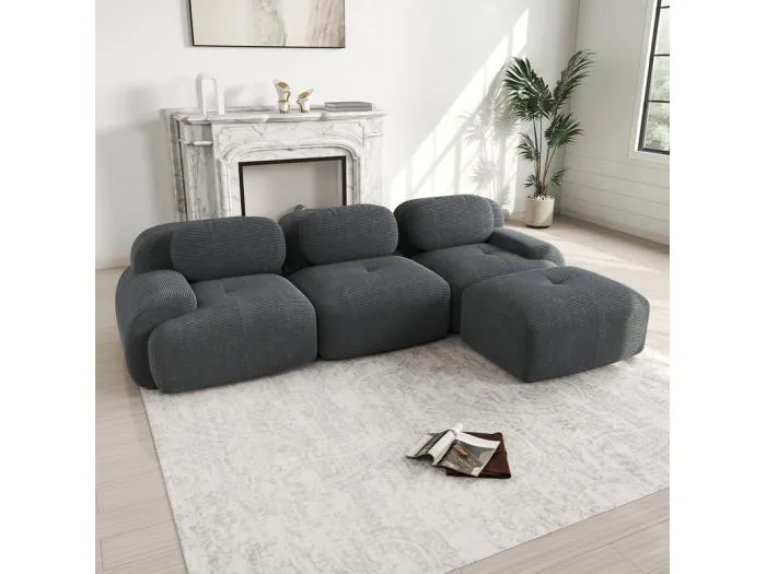 Modulares Ecksofa 3-Sitzer - aus Rippensamt - mit 3 Kissen und Hocker - 298x178x75cm - Grau