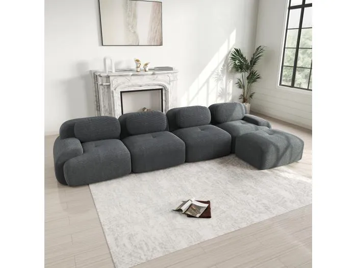 Modulares Ecksofa 4-Sitzer - aus Rippensamt - mit 4 Kissen und Hocker - 388x178x75cm - Grau
