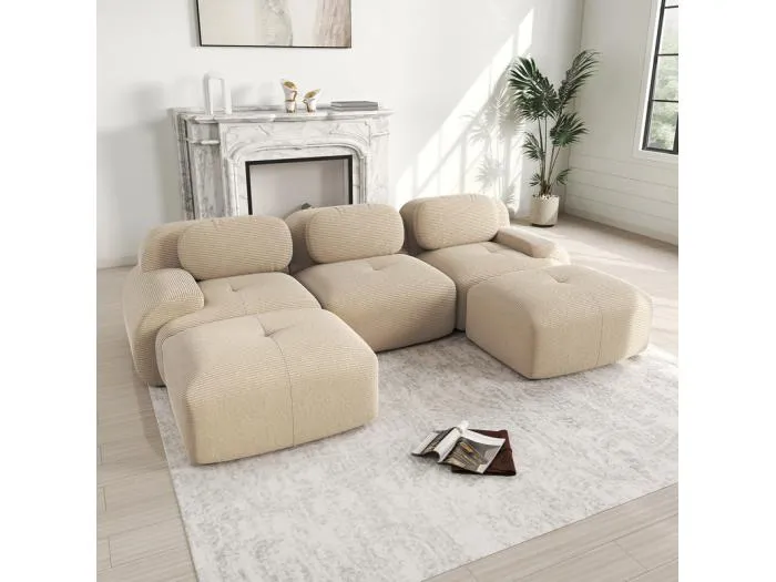 Modulares Ecksofa 3-Sitzer - aus Rippensamt - mit 3 Kissen und 2 Hocker - 298x178x75cm - Beige