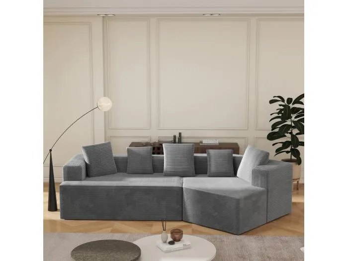 Modulares rechteckiges Ecksofa 307cm - aus Großer Rippensamt - 3-Sitzer - mit 5 Kissen - Grau