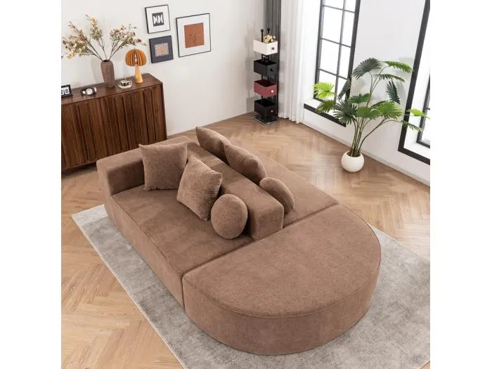 Modulares Panorama-Sofa 5-Sitzer - aus Chenille-Stoff braun - mit 6 Kissen - 263x171x66cm
