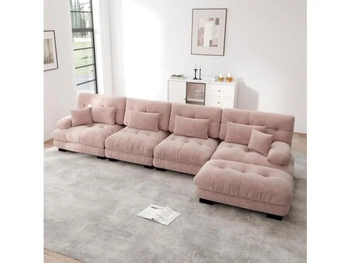 Ecksofa 4-Sitzer aus Chenille-Stoff, mit 6 Kissen, abnehmbarer Hocker, DIY-Kombination, 406x145x81cm, Rosa