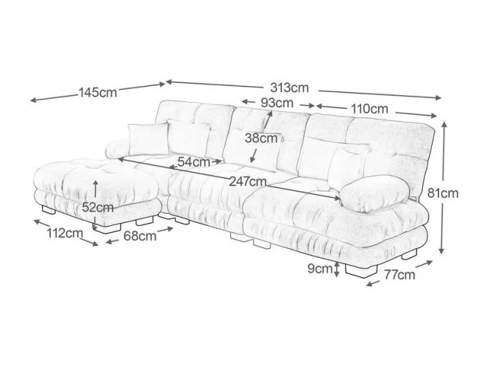 Ecksofa 3-Sitzer aus Chenille-Stoff, mit 5 Kissen, abnehmbarer Hocker, DIY-Kombination, 313x145x81cm, Grau