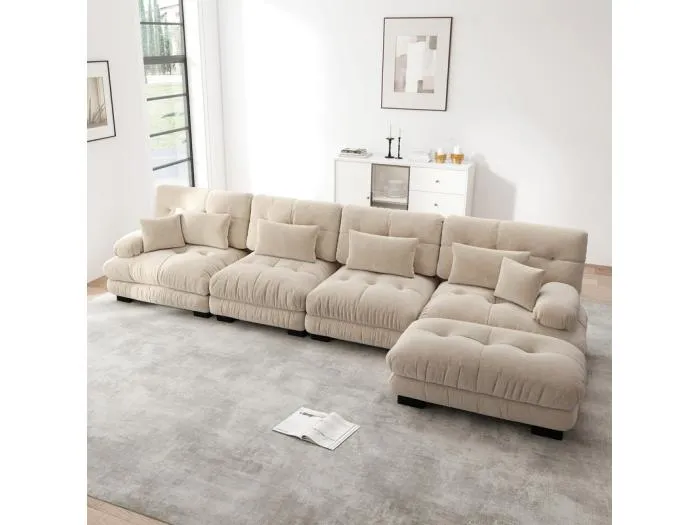 Ecksofa 4-Sitzer aus Chenille-Stoff, mit 6 Kissen, abnehmbarer Hocker, DIY-Kombination, 406x145x81cm, Grau