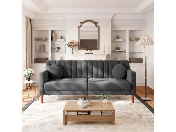 3-Sitzer Sofa aus Velours - Massivholzfüße 19cm - mit 2 Kissen - 206x74x83cm - Grau