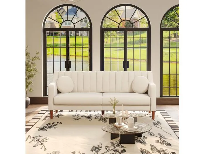 3-Sitzer Sofa aus Velours - Massivholzfüße 19cm - mit 2 Kissen - 206x74x83cm - Beige