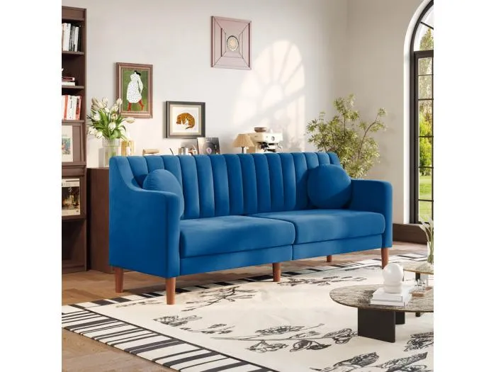 3-Sitzer Sofa aus Velours - Massivholzfüße 19cm - mit 2 Kissen - 206x74x83cm - Blau