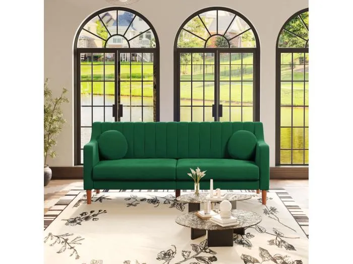 3-Sitzer Sofa aus Velours - Massivholzfüße 19cm - mit 2 Kissen - 206x74x83cm - Grün