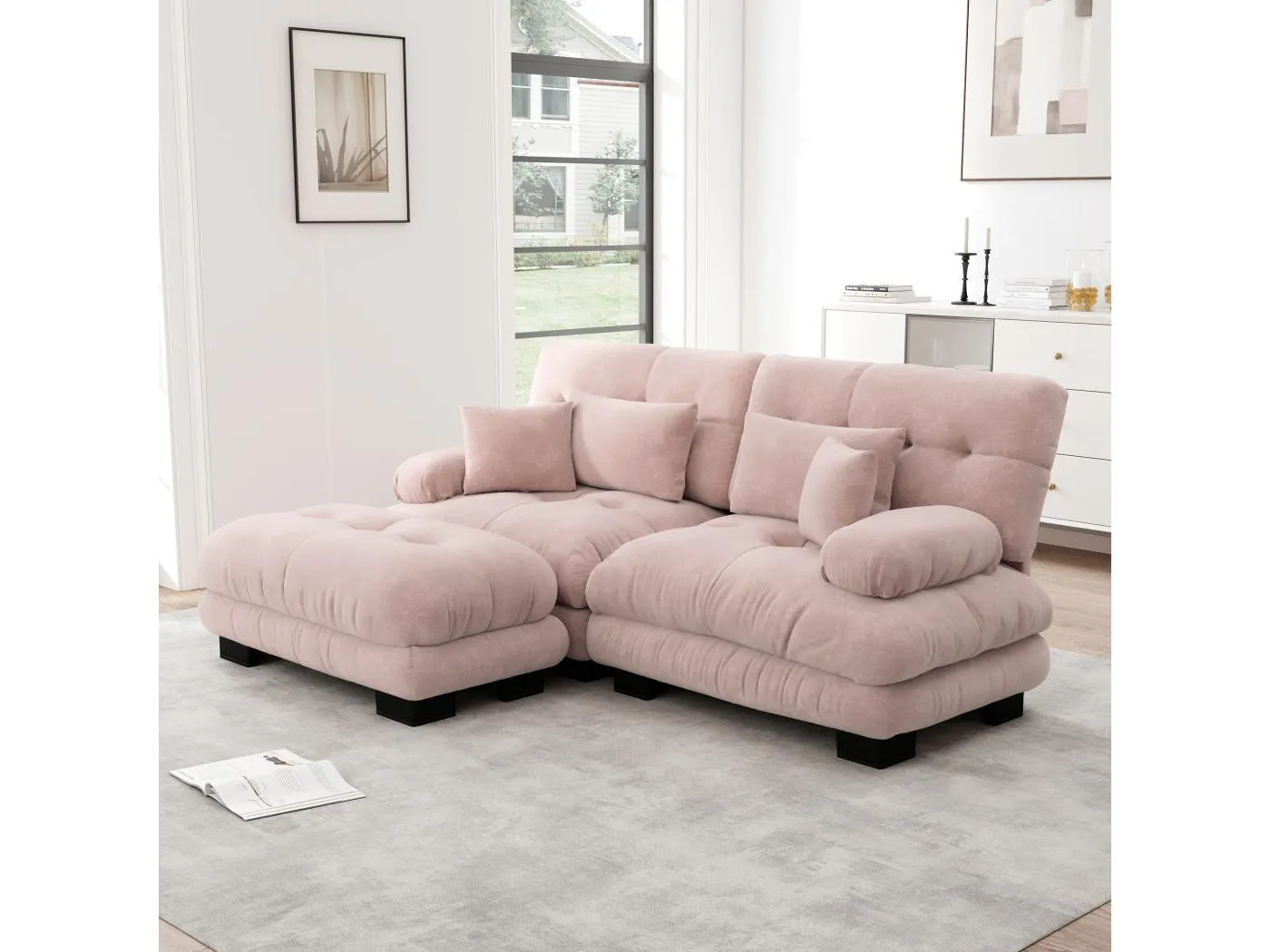 2-Sitzer-Ecksofa mit gepolsterten Armlehnen und Hocker - rosa Chenille