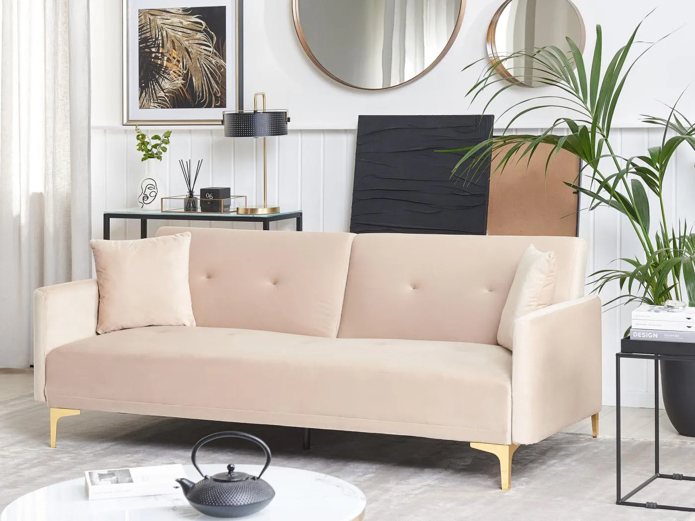 3-Sitzer Schlafsofa Samt beige gesteppt mit Metallbeinen gold 2 Kissen Lucan