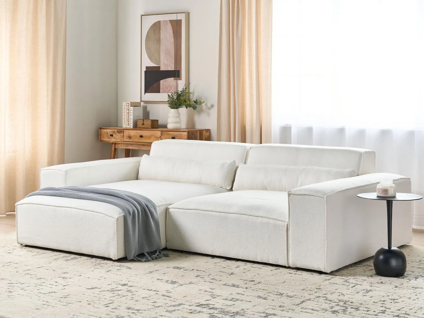 Modul 2-Sitzer Ecksofa Bouclé weiß mit Chaiselongue rechts Kissen Skandi Hellnar