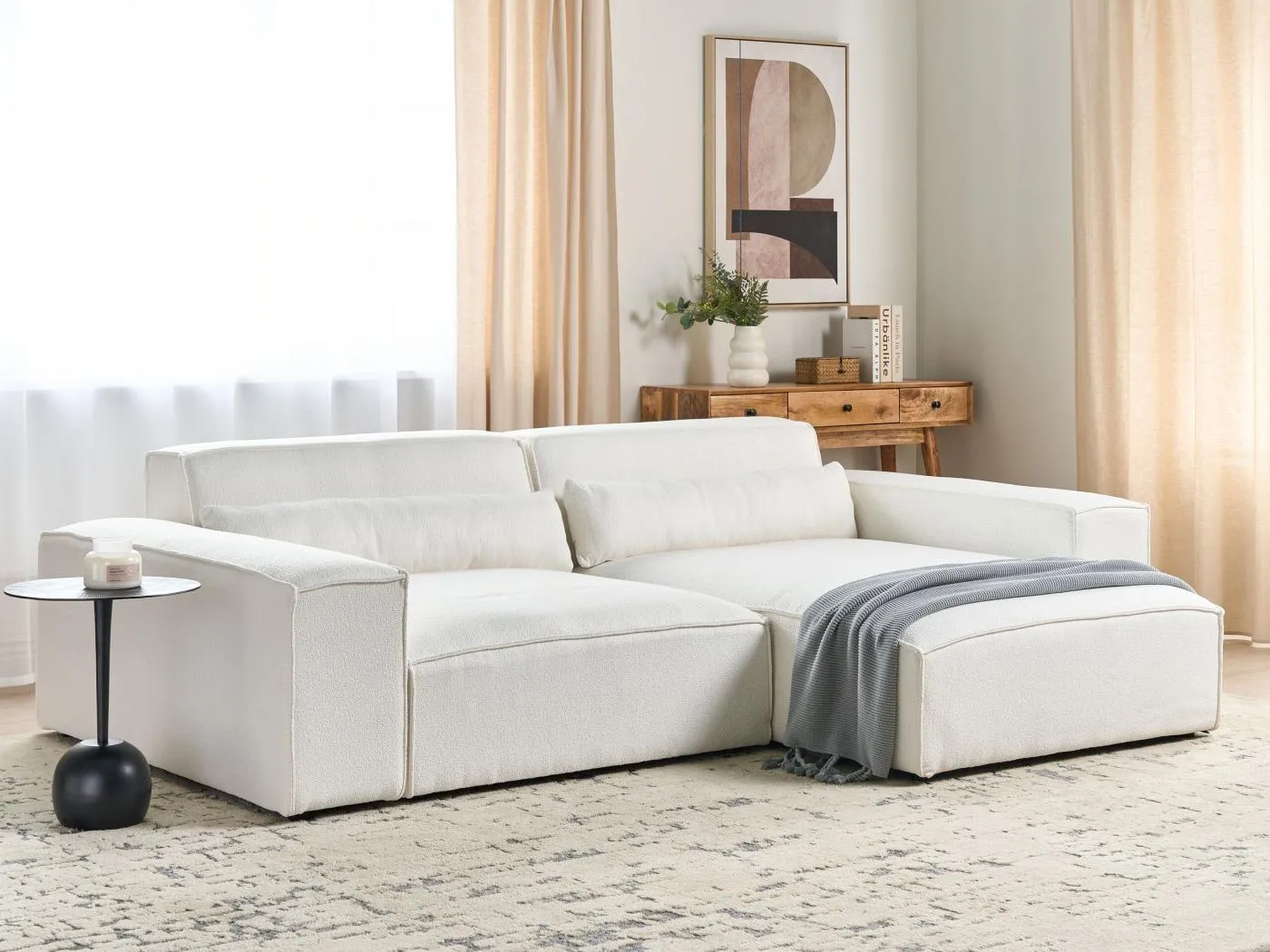 Modul 2-Sitzer Ecksofa Bouclé weiß mit Chaiselongue links Kissen Skandi Hellnar