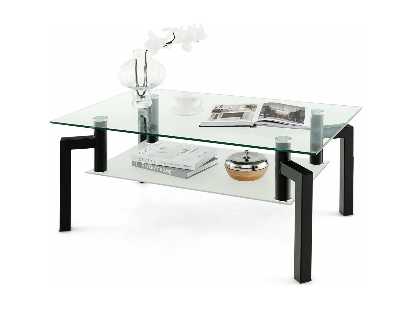 Couchtisch mit Glas Tischplatte, Glastisch Kaffeetisch Wohnzimmertisch, Sofatisch Teetisch für Heim und Büro 100x60x43cm