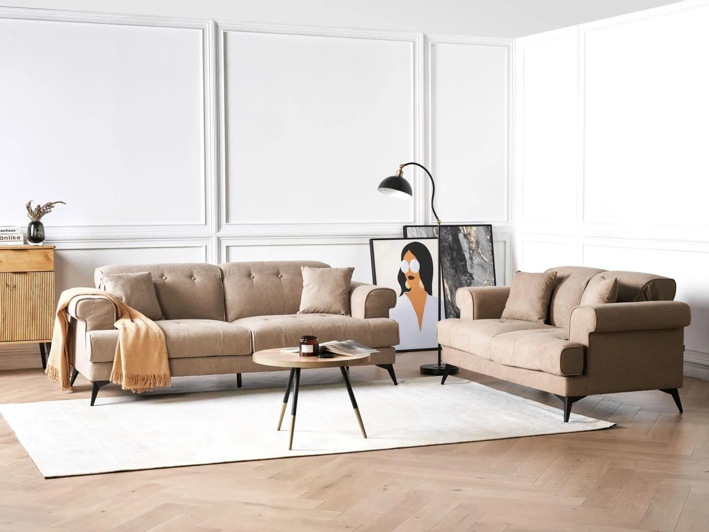 Sofa Set Stoff helles Braun 5-Sitzer gepolstert verstellbare Kopfstützen Skive