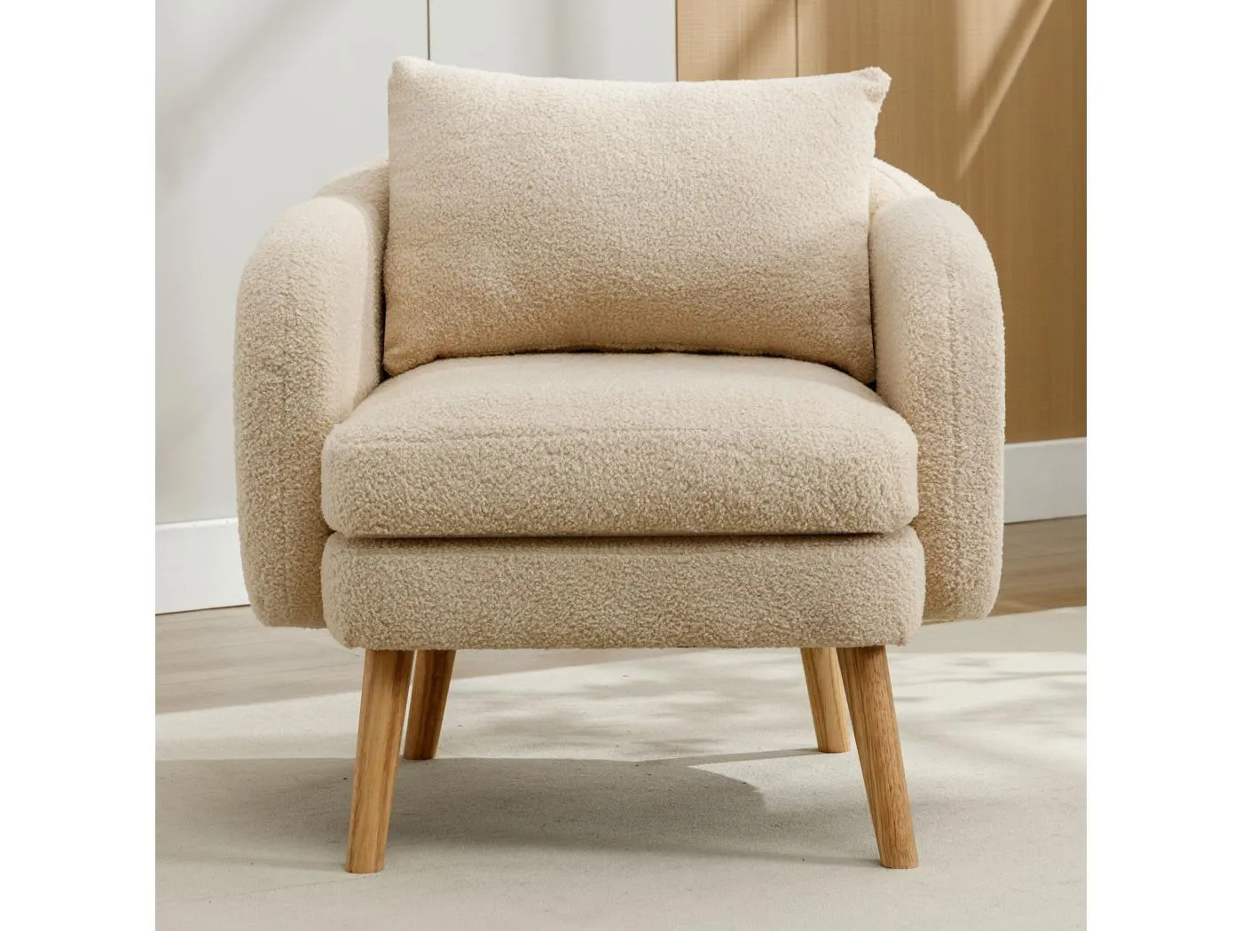 Einfacher moderner Sessel aus Teddy-Samt (mit Kissen),Sessel mit extra dickem Kissen,Einfacher Sofasessel,Füße aus Massivholz.