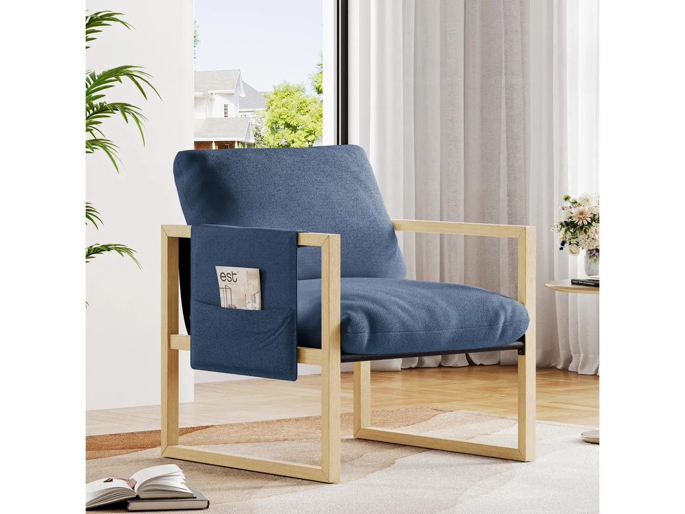 Gepolsterter Sessel mit massivem Holz, dickem Sitz, Wohnzimmer und Schlafzimmer, Sherpa -Stoff - 79x68x83cm - Blau