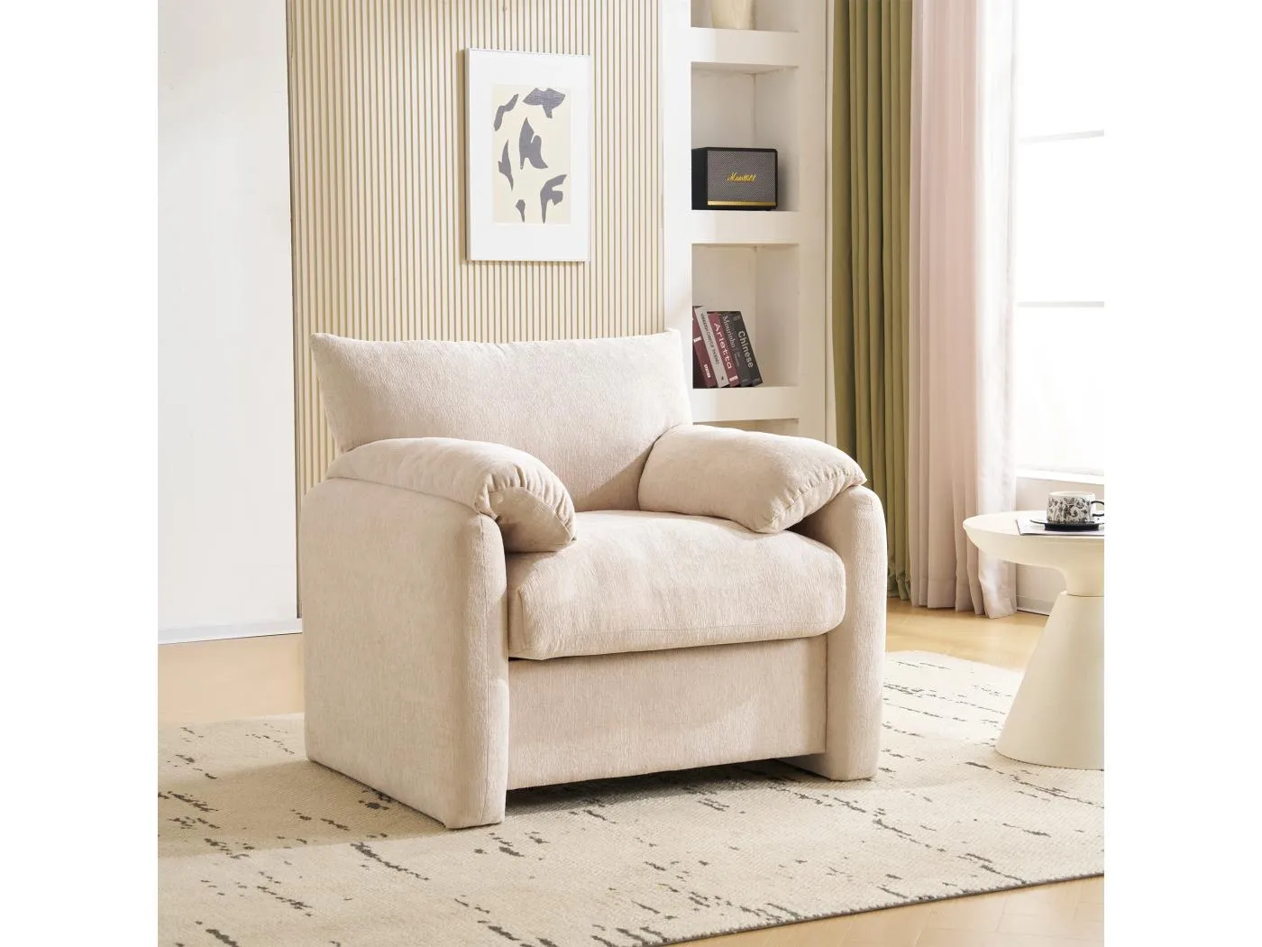 1-Sitzer-Sofa mit weichen Armlehnen, beiger Chenille-Stoff – für Wohnzimmer, Schlafzimmer oder Leseecke