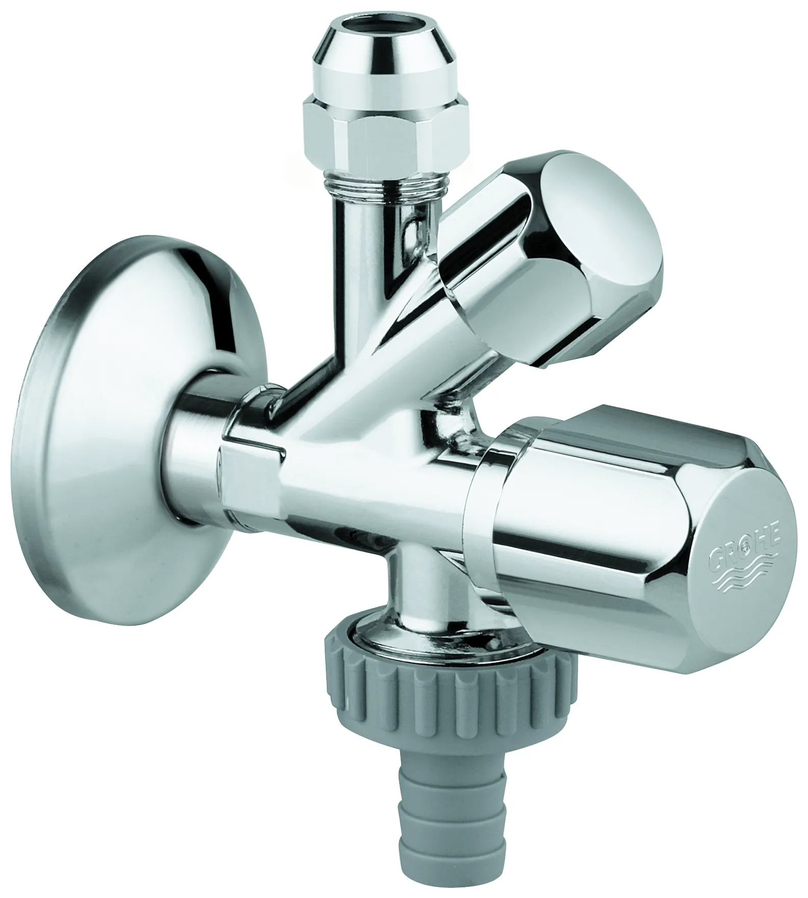 Original WAS Kombi-Eckventil 22035, Wandanschluss 1/2″, Abgang 3/8″, Abgang 3/4" mit Schlauchanschluss, Quetschverschraubung ⌀ 10 mm, chrom