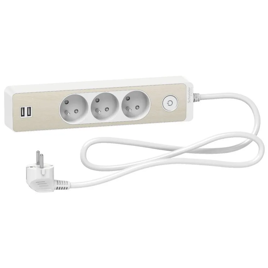 3fach Verlängerungskabel 3x230V, 2xUSB mit Schalter 1,5m nordisches Holz Odace ST933U1WC Schneider Electric