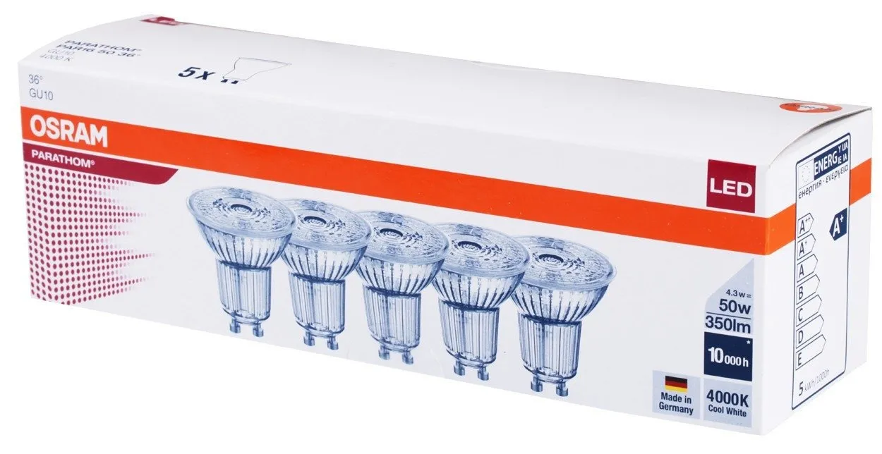LED PARATHOM PAR16 GU10 4.3W = 50W 36° 4000K Fünferpack Osram