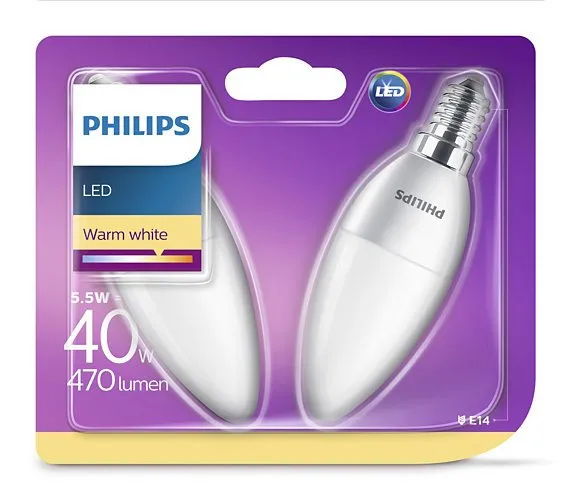 Philips LED-Glühbirne E14 2700K 5.5W = 40W Kerze Zweier-Pack