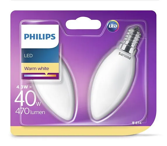 SET 2x Glühbirne LED E14 Kerze 2700K warmweiß 4,3W = 40W Philips