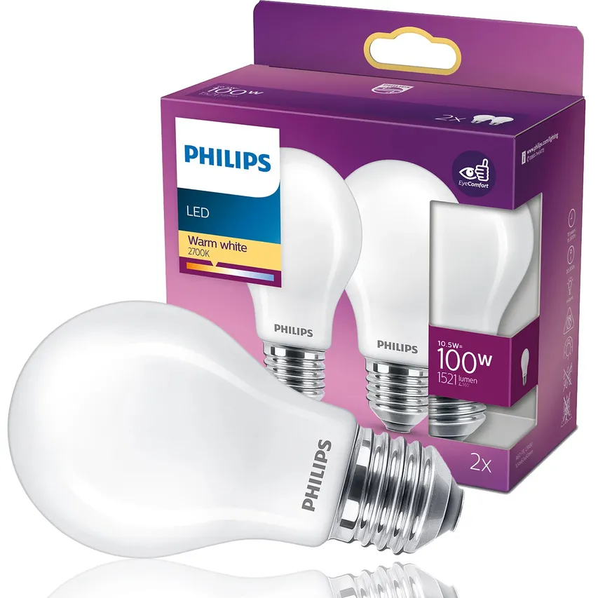 Set 2x LED-Glühbirne A60 E27 10.5W =100W 2700K warm WW 1521lm Philips