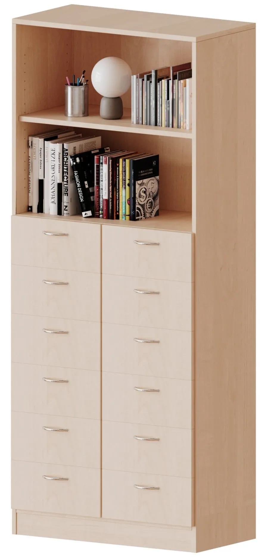 Kombischrank mit 12 schmalen Schubladen und 2 offenen Fächern, Höhe 190 cm - EVO180 Serie