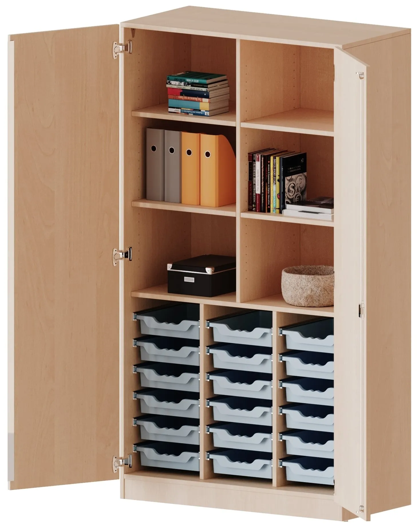 Schrank mit 18 flachen ErgoTray Boxen und 6 oder 9 Fächern, Breite 104,5 cm - EVO180 Serie