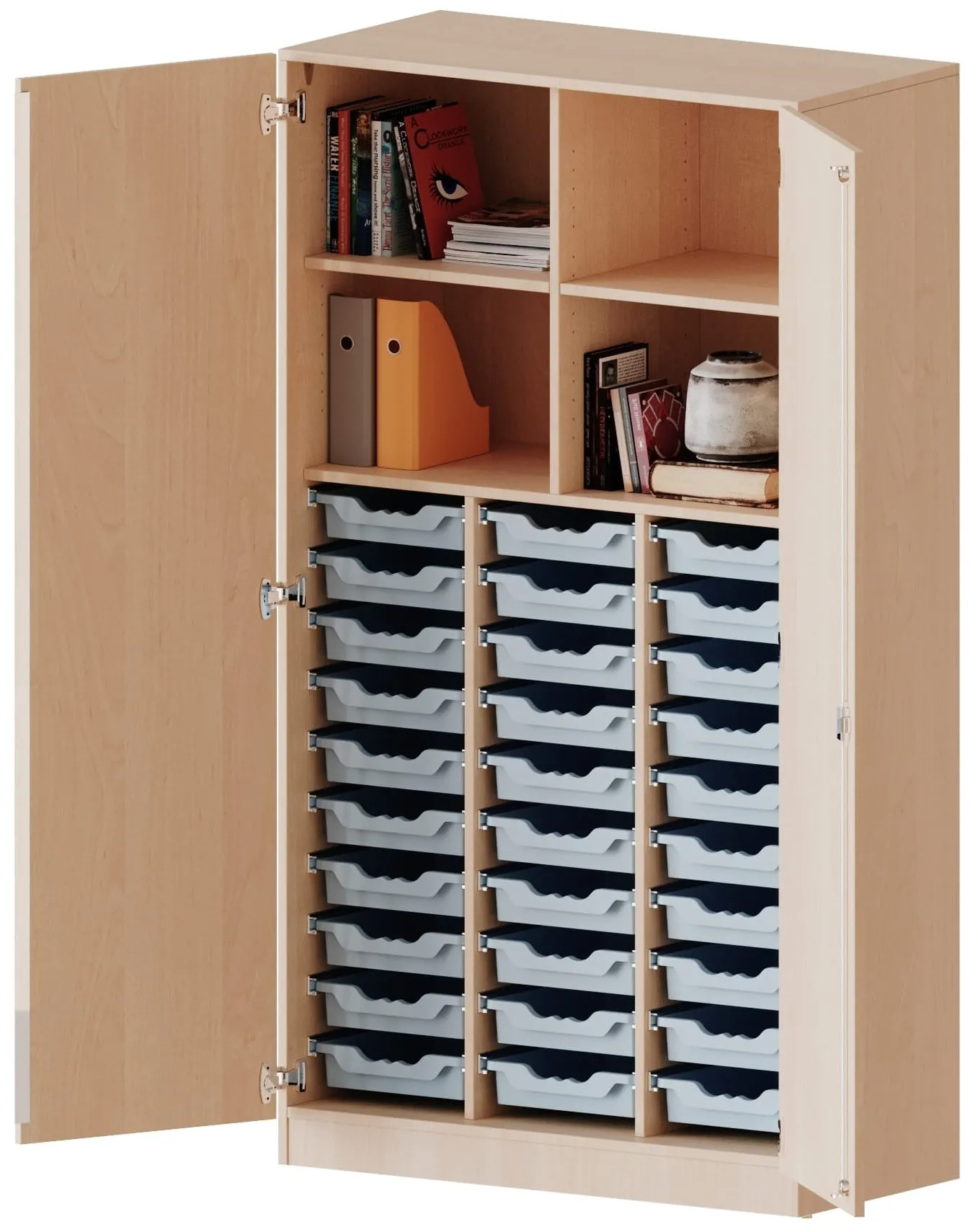 Schrank mit 30 flachen ErgoTray Boxen und 4 oder 6 Fächern, Breite 104,5 cm - EVO180 Serie