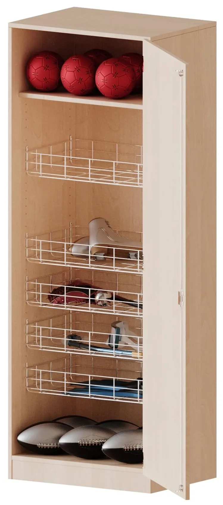 Sportschrank mit 5 Ballkörben und einem Einlegeboden, B/H/T 70,3 x 190 x 60 cm - EVO180 Serie