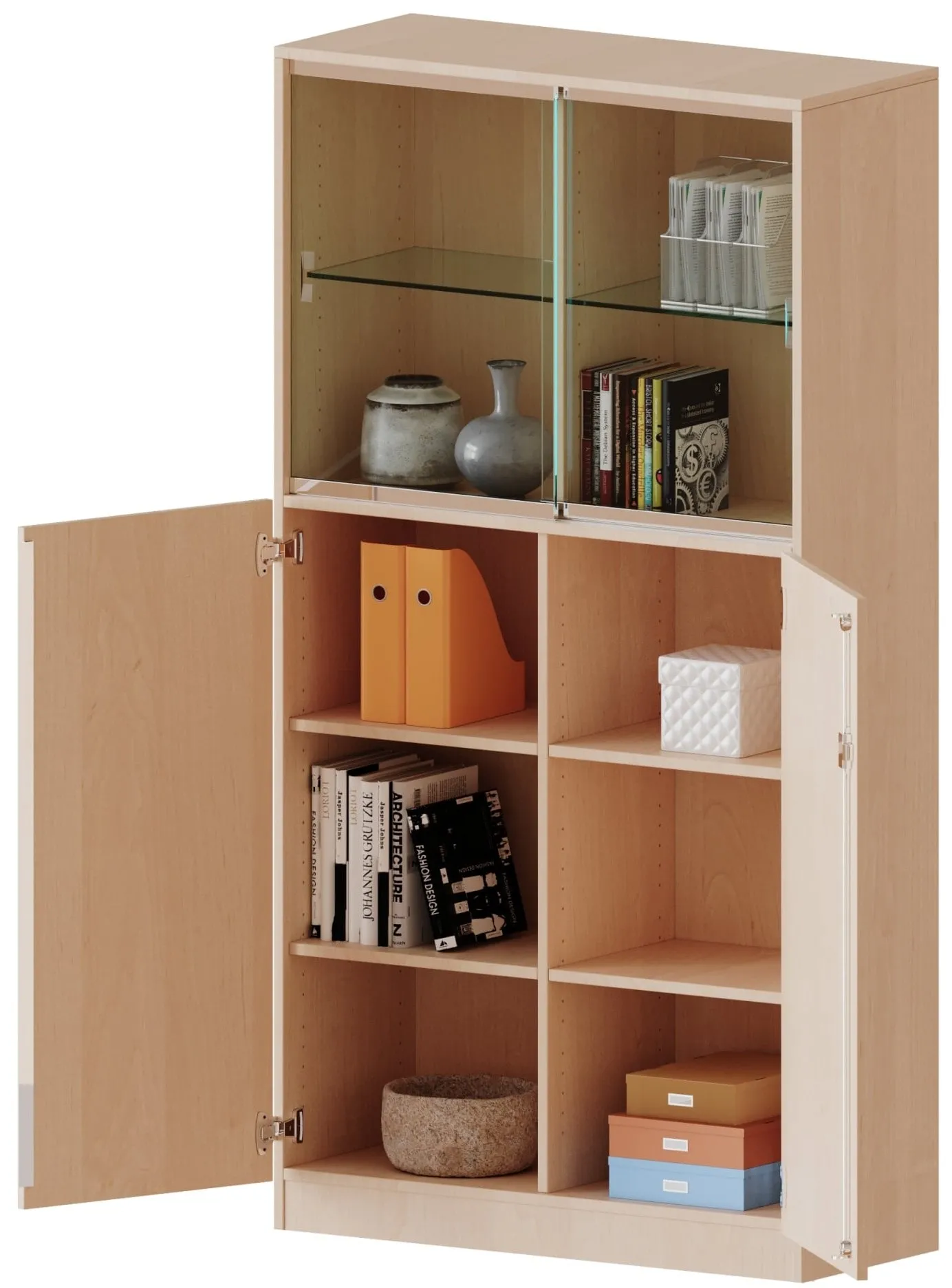 Kombischrank zweireihig mit 5 Ordnerhöhen davon 2 mit Glasschiebetür, Höhe 190 cm - EVO180 Serie