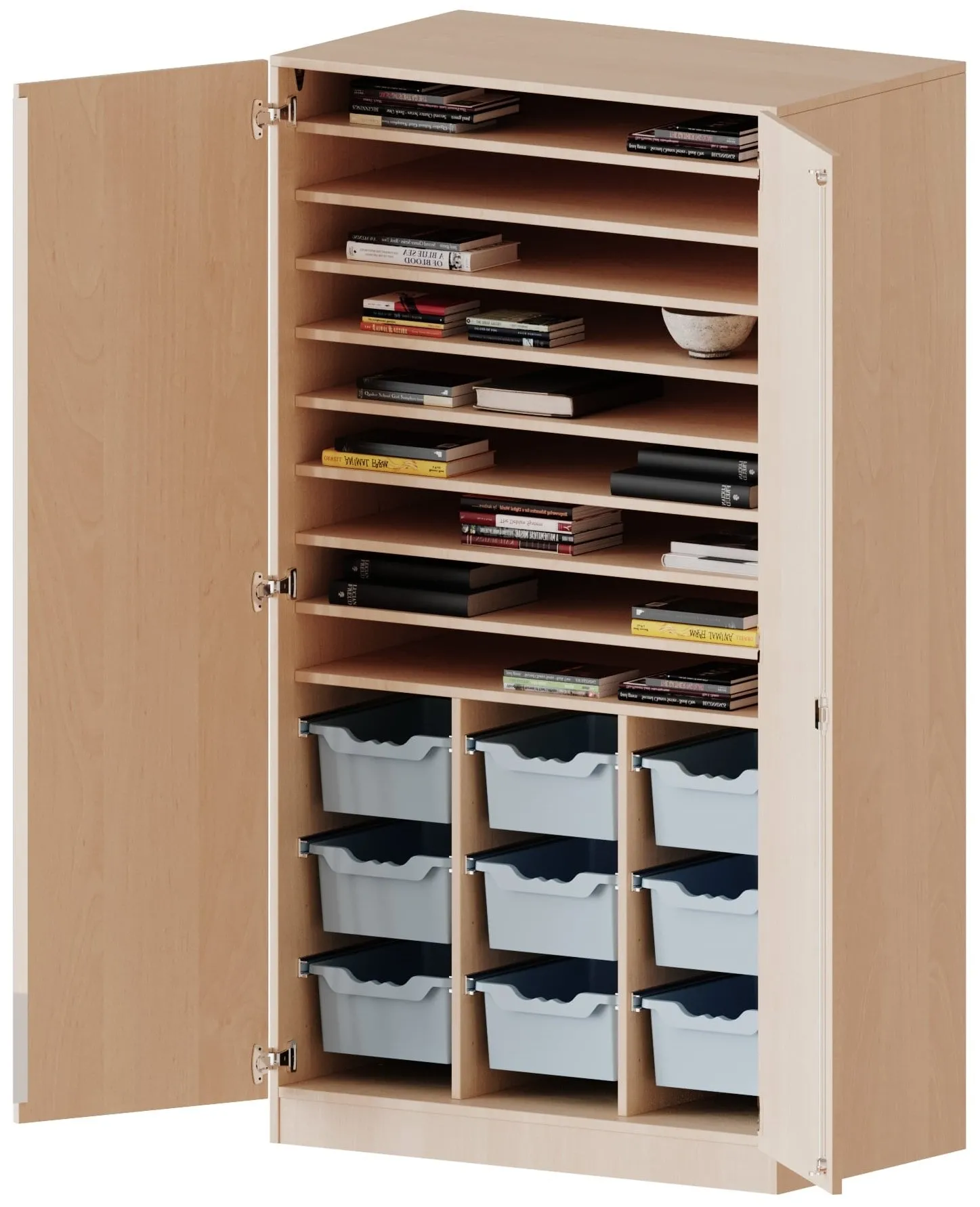 Bastelschrank mit 9 Papierablagen und 9 ErgoTray Boxen, durchgehende Türen - EVO180 Serie