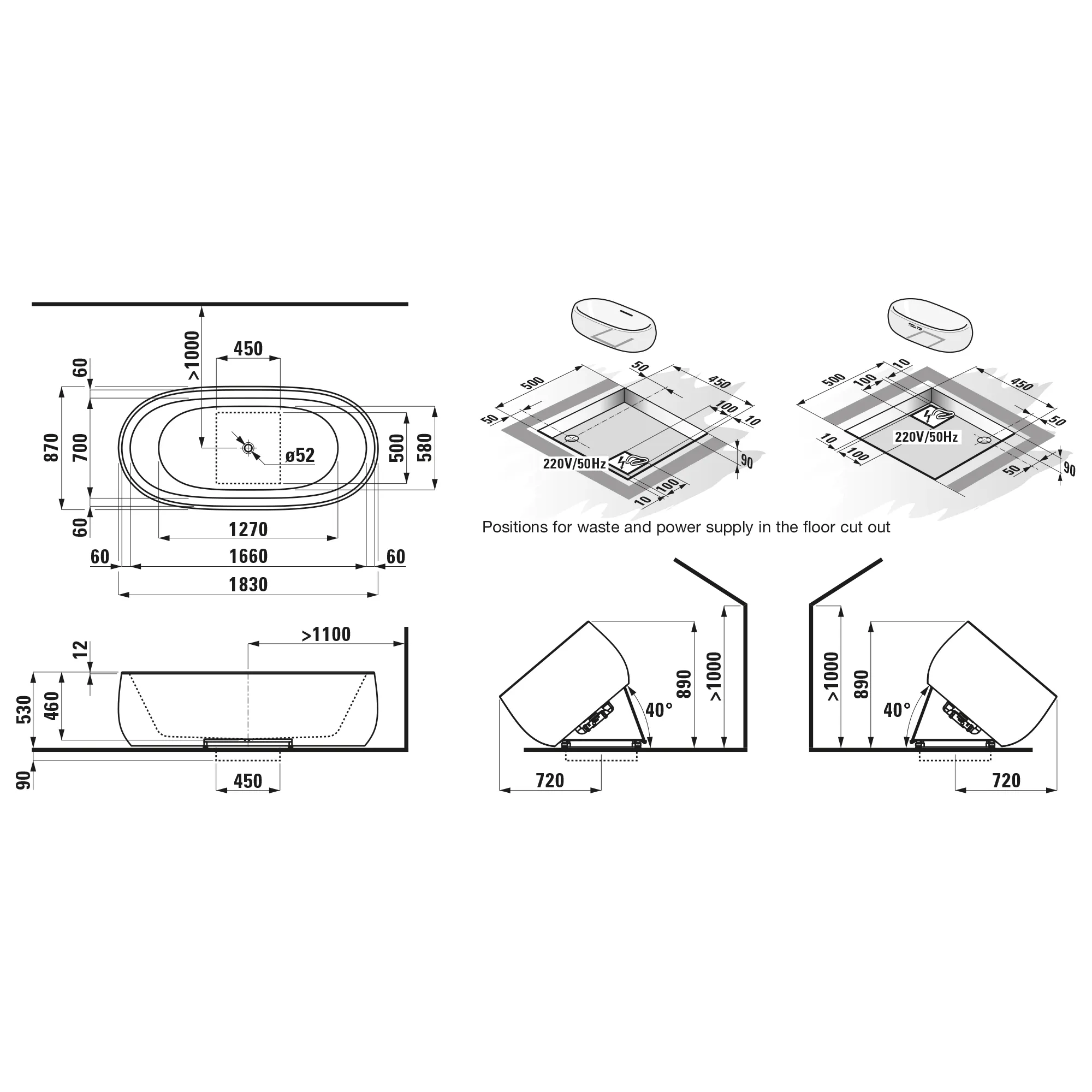 Laufen Badewanne „Ilbagnoalessi“ freistehend oval 1830 × 870 mm in Weiß