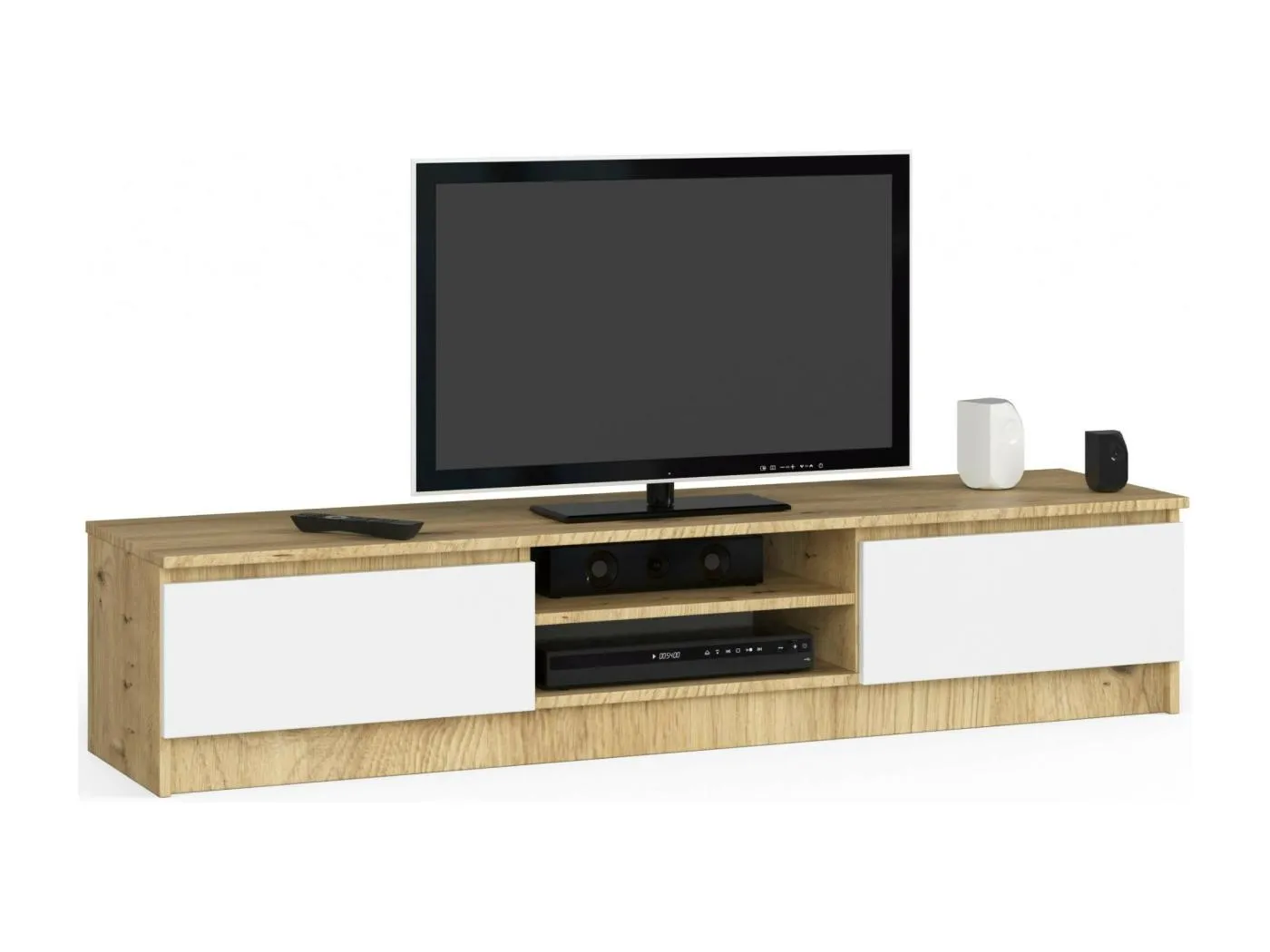 TV Schrank AKORD Fernsehkommode 160 cm Eiche Artisan 2 Türen 2 Ebenen Front Weiß B160 x H33 x T40 cm
